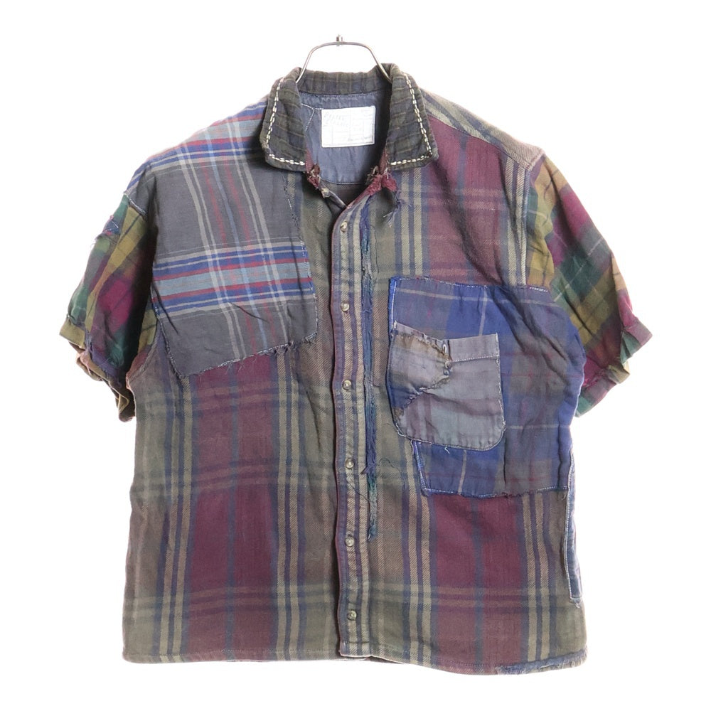 Porter Classic(ポータークラシック) リメイク パッチワーク フロントポケット ボタンダウン 半袖チェックシャツ マルチ