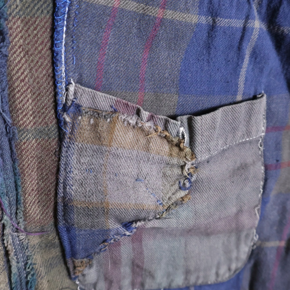 Porter Classic(ポータークラシック) リメイク パッチワーク フロントポケット ボタンダウン 半袖チェックシャツ マルチ