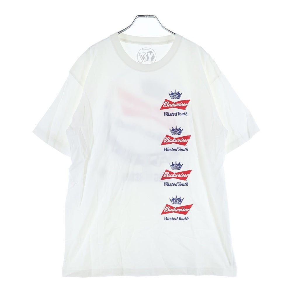 WASTED YOUTH(ウェイステッドユース) 22SS ×Budweiser バドワイザー クラウンロゴプリント クルーネック半袖Tシャツ カットソー ホワイト
