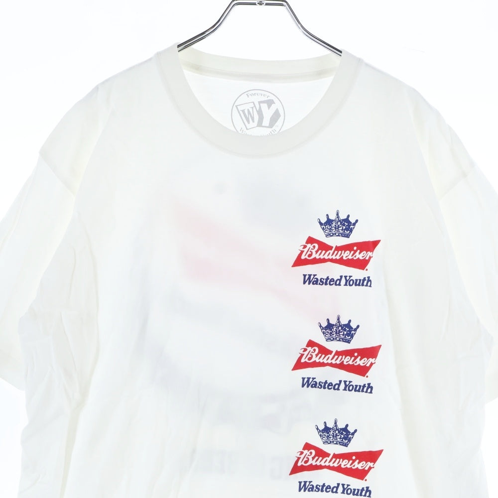 WASTED YOUTH(ウェイステッドユース) 22SS ×Budweiser バドワイザー クラウンロゴプリント クルーネック半袖Tシャツ カットソー ホワイト