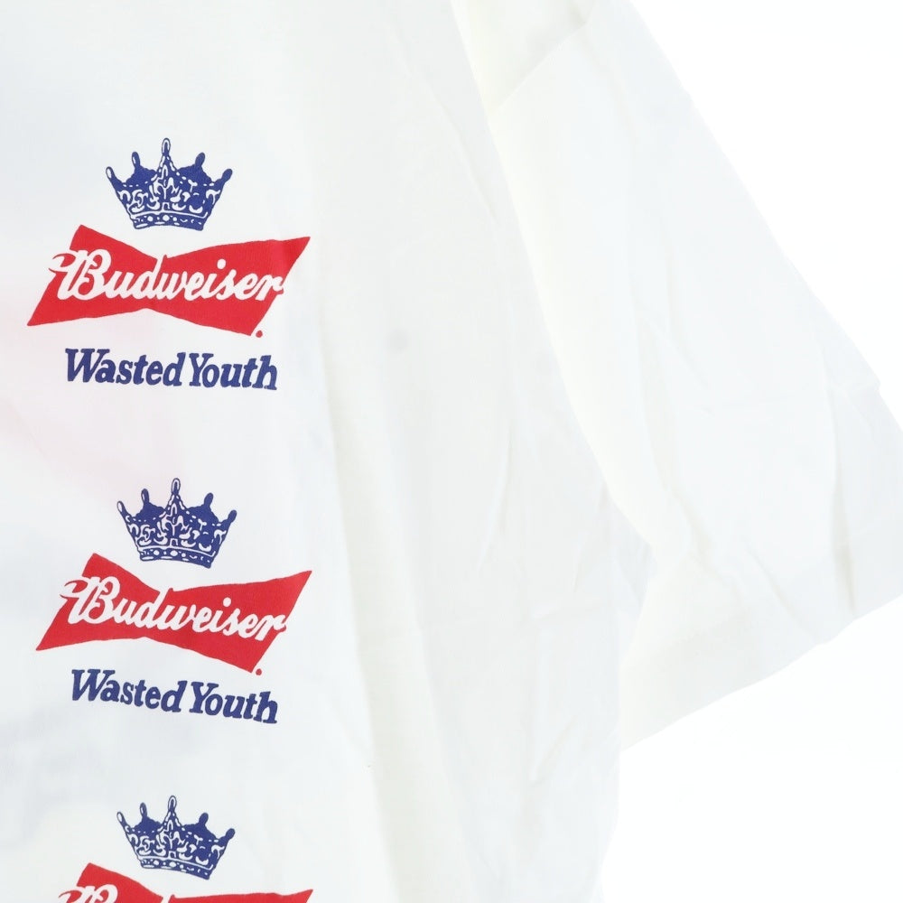 WASTED YOUTH(ウェイステッドユース) 22SS ×Budweiser バドワイザー クラウンロゴプリント クルーネック半袖Tシャツ カットソー ホワイト
