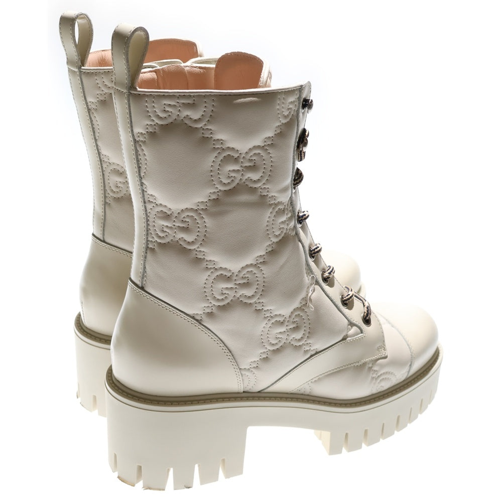 GUCCI(グッチ) Quilted Lace Up Boots GG サイドジップ レースアップ レザーブーツ ホワイト レディース 718386