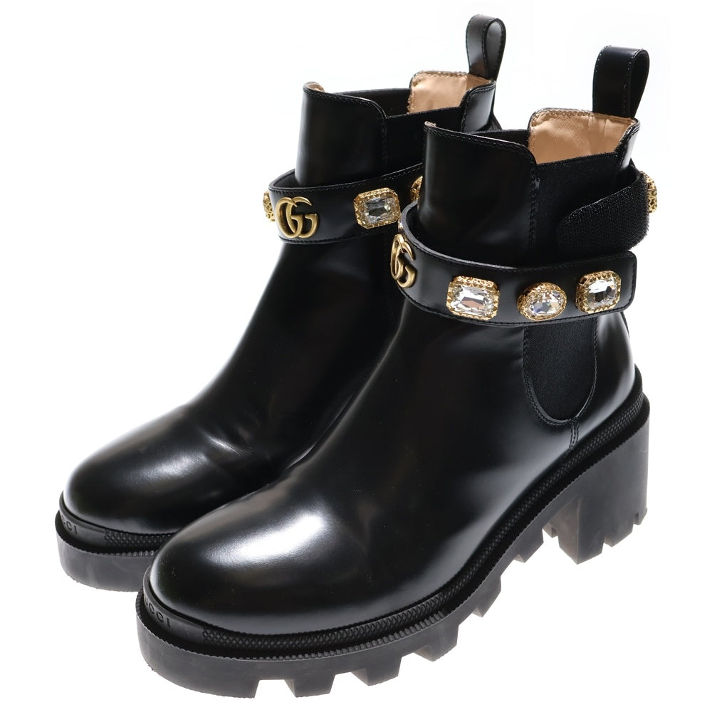 GUCCI(グッチ) GGマーモント ベルクロストラップ ビジュー付き サイドゴア レザー ブーツ ブラック 550036