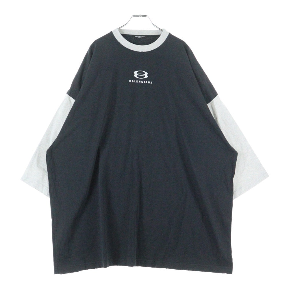 BALENCIAGA(バレンシアガ) ロゴ刺繍 ツートン7分袖 Tシャツ ブラック/グレー 699190 TMVC8