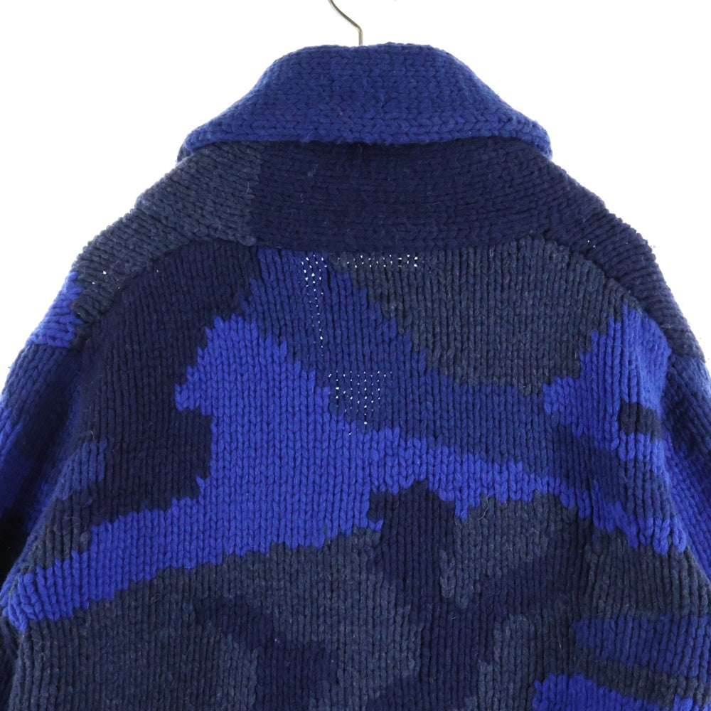 1 PIU 1 UGUALE 3(ウノピゥウノウグァーレトレ) SHAWL CARDIGAN BIG CAMO ビッグカモ カウチンニット ショールカーディガン ブルー MRK004