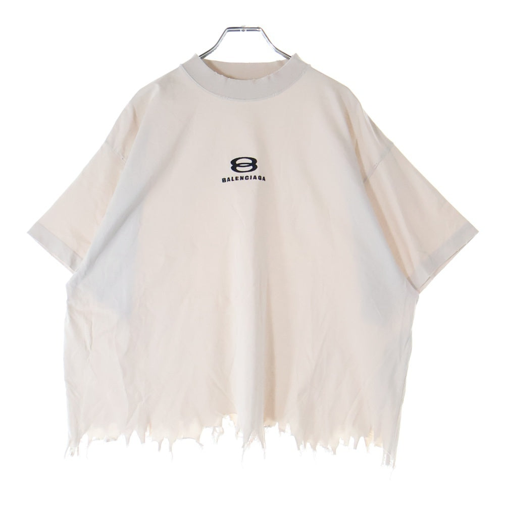 BALENCIAGA(バレンシアガ) 24SS UNITY SPORTS ICON CROPPED ロゴ刺繍 デストロイ加工 クルーネック 半袖Tシャツ カットソー ベージュ 783399 TLVF9