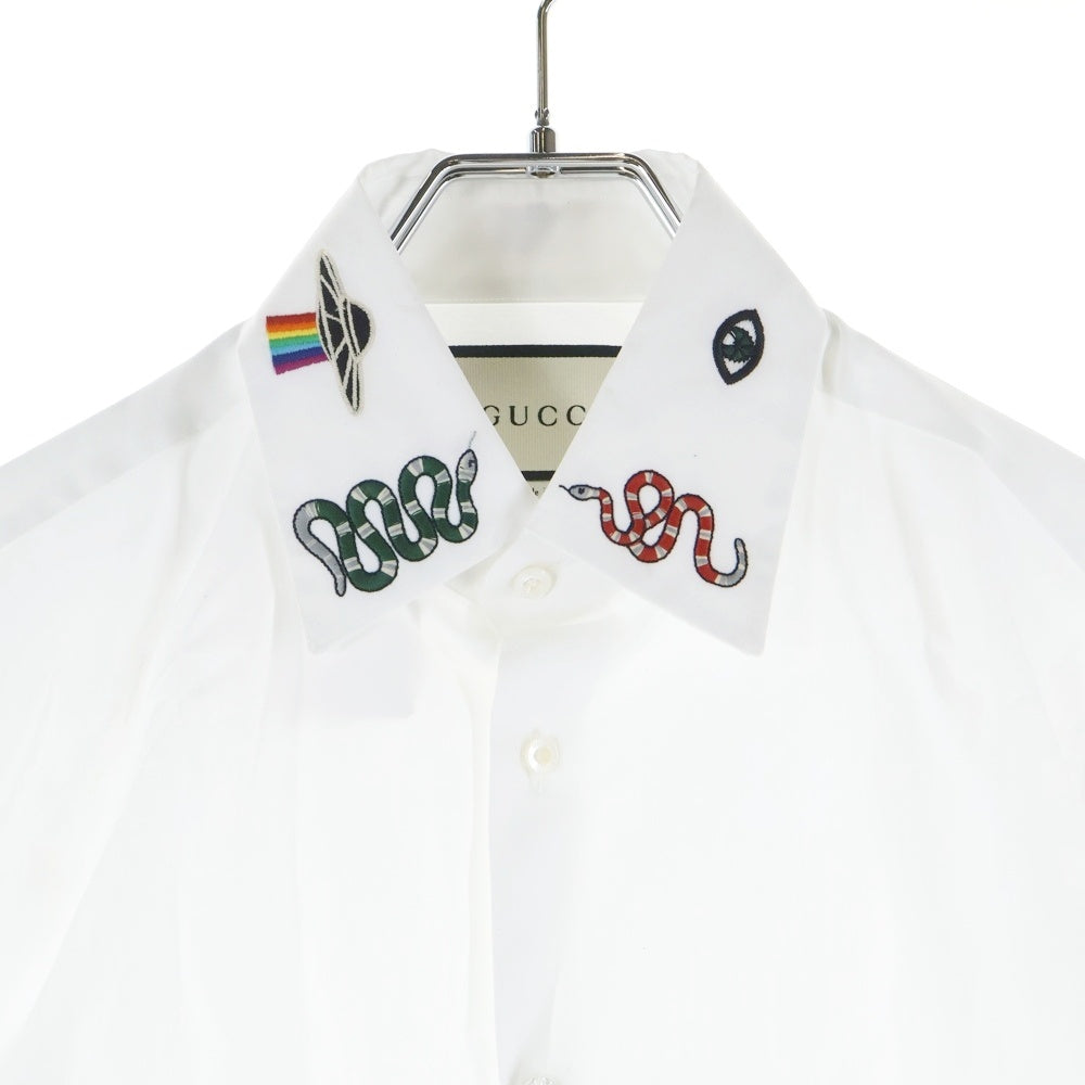 GUCCI 刺繍入りホワイトシャツ Gucci メンズホワイトコットンロゴ刺繍シャツ (アパレル,シャツ