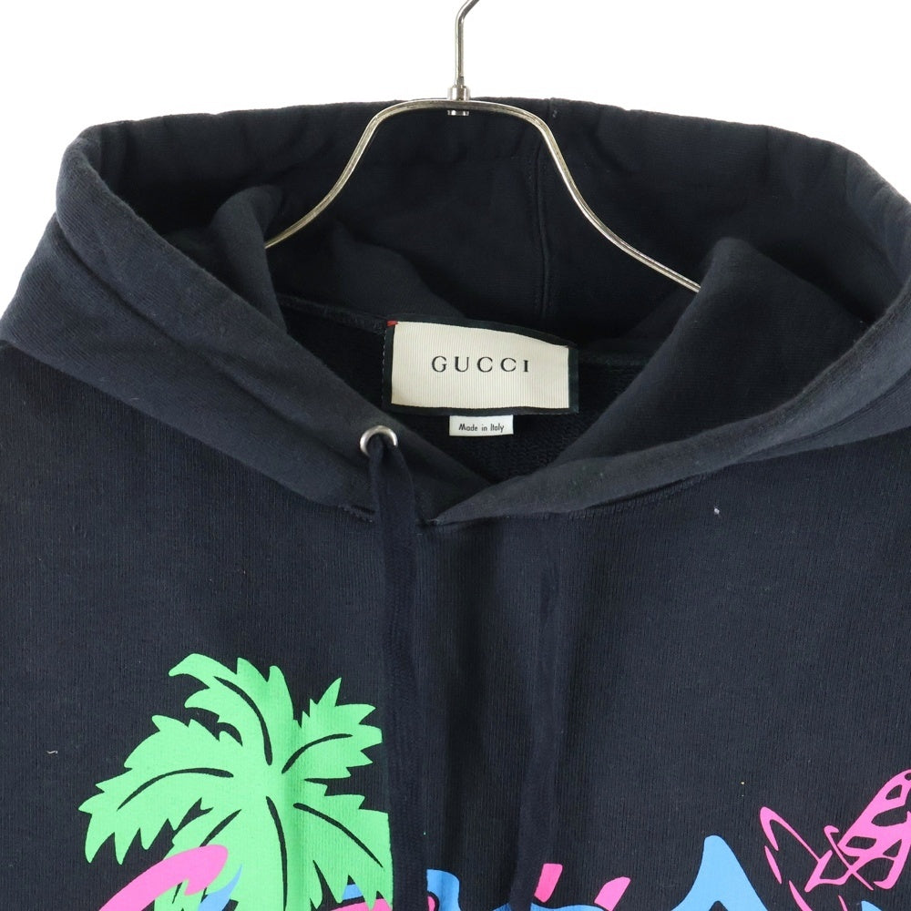 GUCCI(グッチ) 20SS HAWAII PRINT HOODIE ハワイアンロゴプリント プルオーバーパーカー スウェットフーディ ブラック 626989 XJCSP