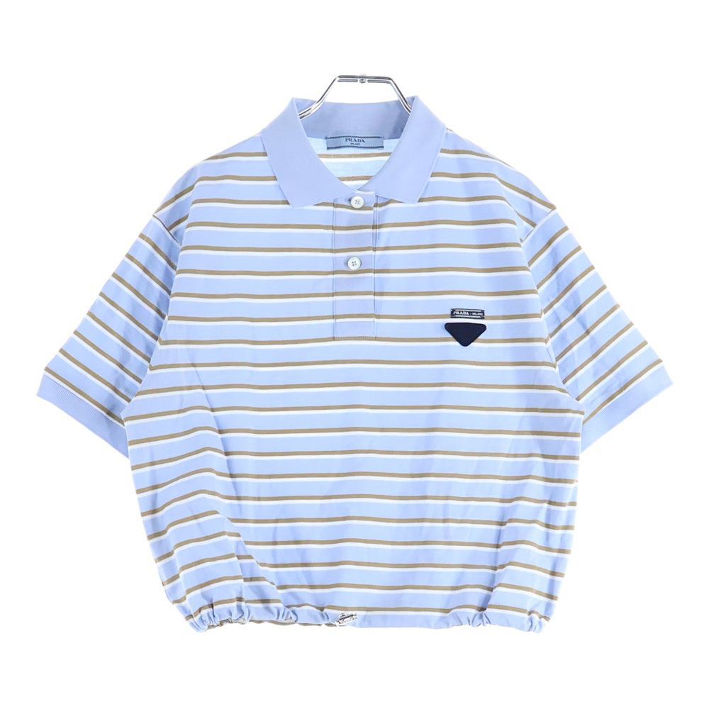 PRADA(プラダ) Cropped Striped Pique Polo Shirt トライアングルパッチ コットン クロップド ストライプ ピケ 半袖ポロシャツ ブルー レディース 39609 S000