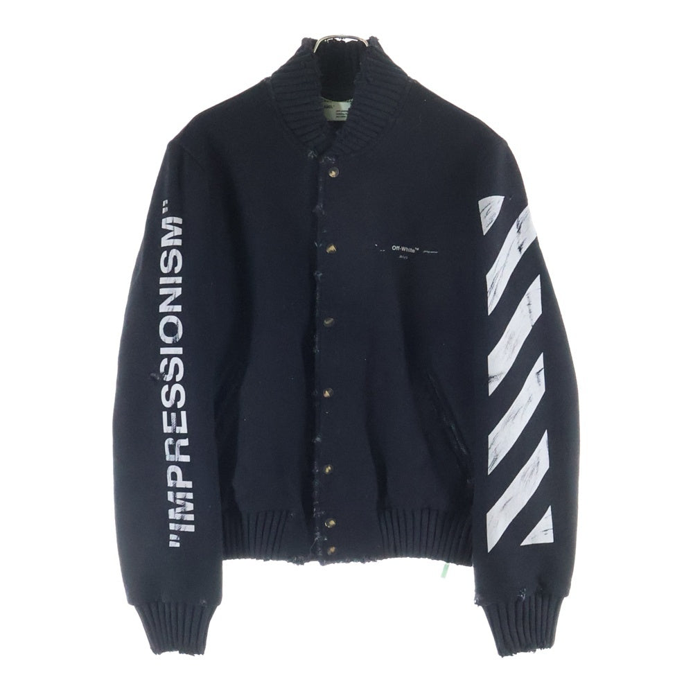 OFF-WHITE(オフホワイト) STADIUM JACKET ダメージ加工 バックプリント ウール ジャケット スタジャン ブルゾン ブラック OMEA145R19A32002