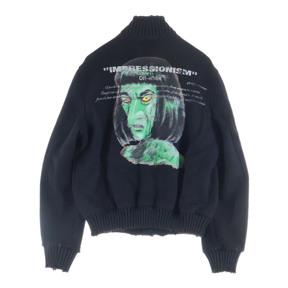 OFF-WHITE(オフホワイト) STADIUM JACKET ダメージ加工 バックプリント ウール ジャケット スタジャン ブルゾン ブラック OMEA145R19A32002