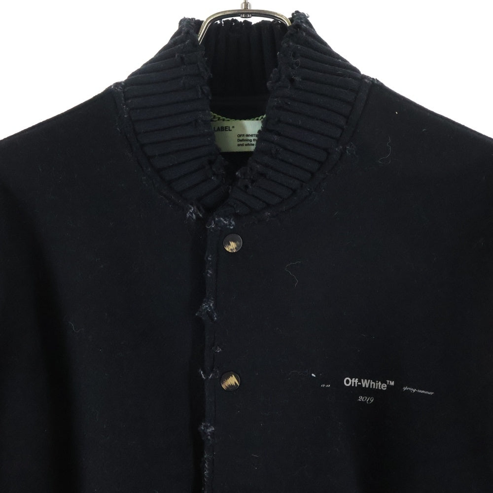 OFF-WHITE(オフホワイト) STADIUM JACKET ダメージ加工 バックプリント ウール ジャケット スタジャン ブルゾン ブラック OMEA145R19A32002