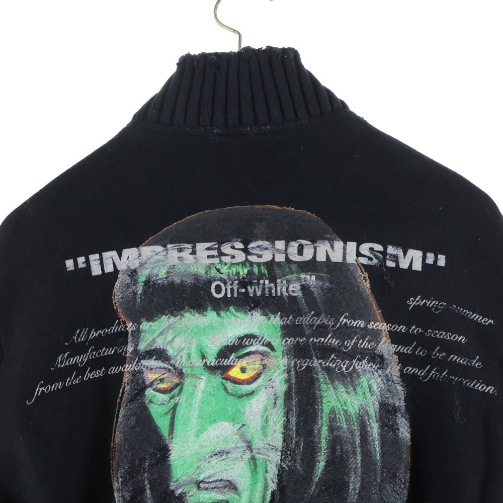 OFF-WHITE(オフホワイト) STADIUM JACKET ダメージ加工 バックプリント ウール ジャケット スタジャン ブルゾン ブラック OMEA145R19A32002