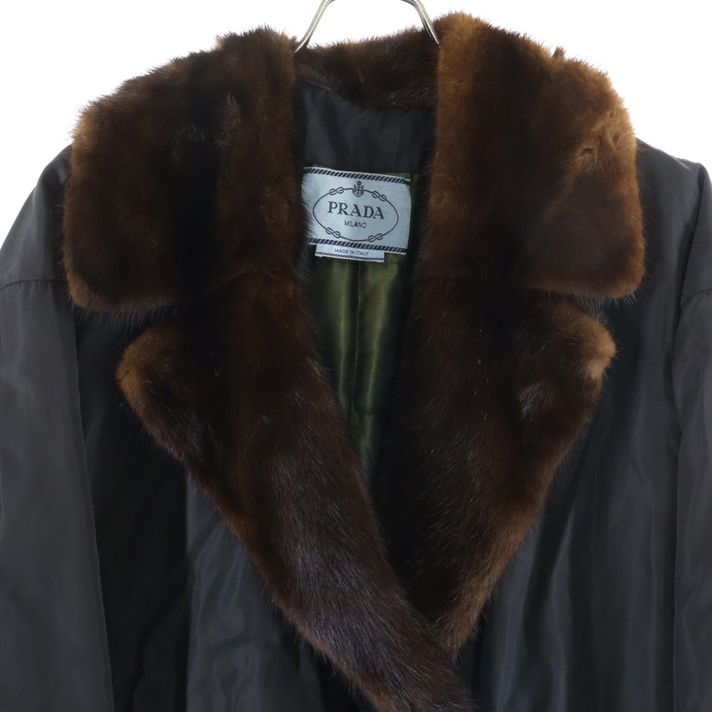 PRADA(プラダ) 裏地キルティング ファー付きナイロン コート ブラック/カーキ レディース