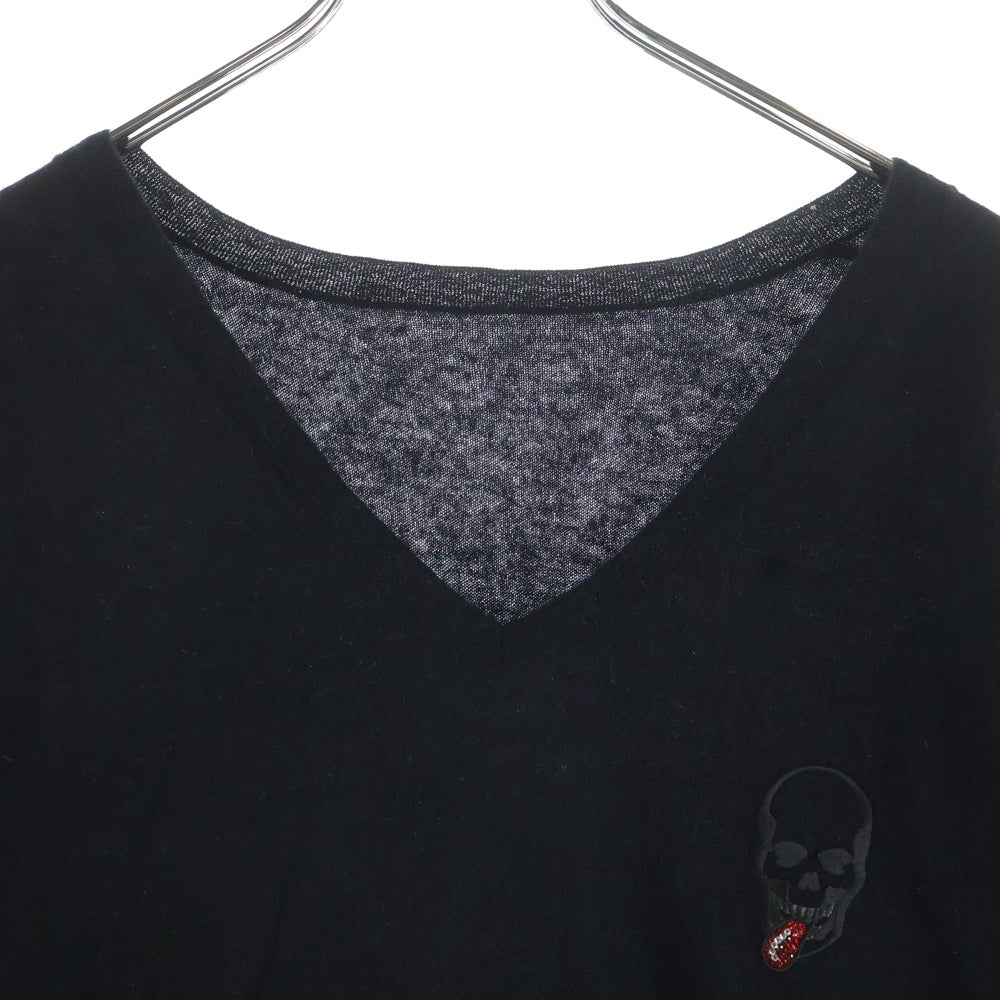lucien pellat-finet(ルシアンペラフィネ) スカル ラインストーン ロゴ Vネック カシミヤ ニット セーター ブラック