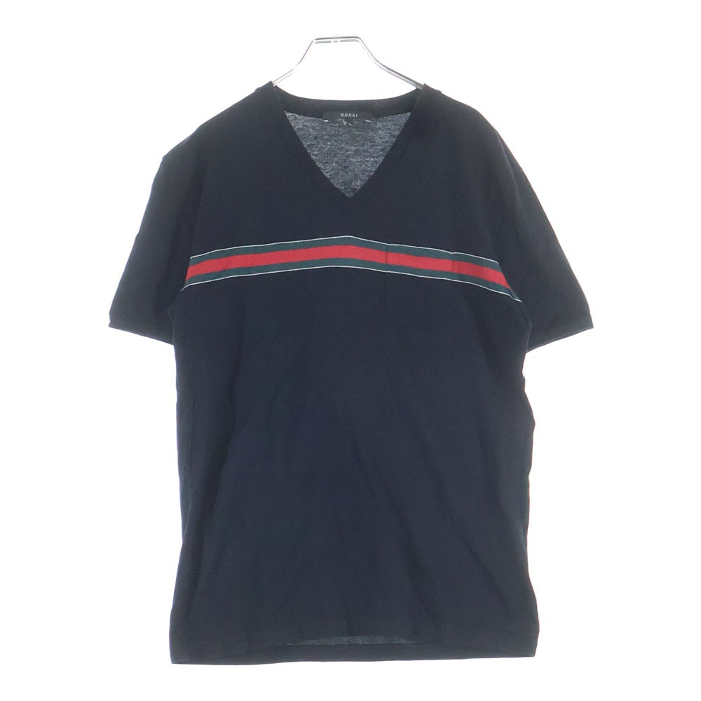GUCCI(グッチ) ウェブストライプ コットン Vネック 半袖Tシャツ カットソー ブラック 243790 X3483
