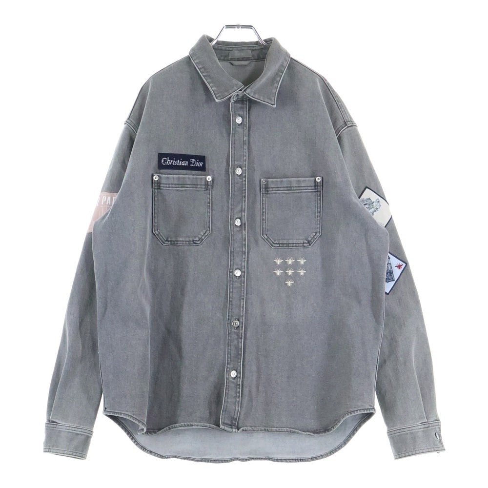 DIOR(ディオール) 20AW コットン ロゴ ワッペン Bee刺繍 デニム 長袖シャツ グレー