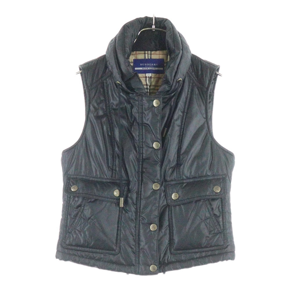 BURBERRY BLUE LABEL(バーバリーブルーレーベル) ネックロゴ刺繍 ナイロン 中綿 ジップアップ ベスト ブラック レディース FY504-104-09
