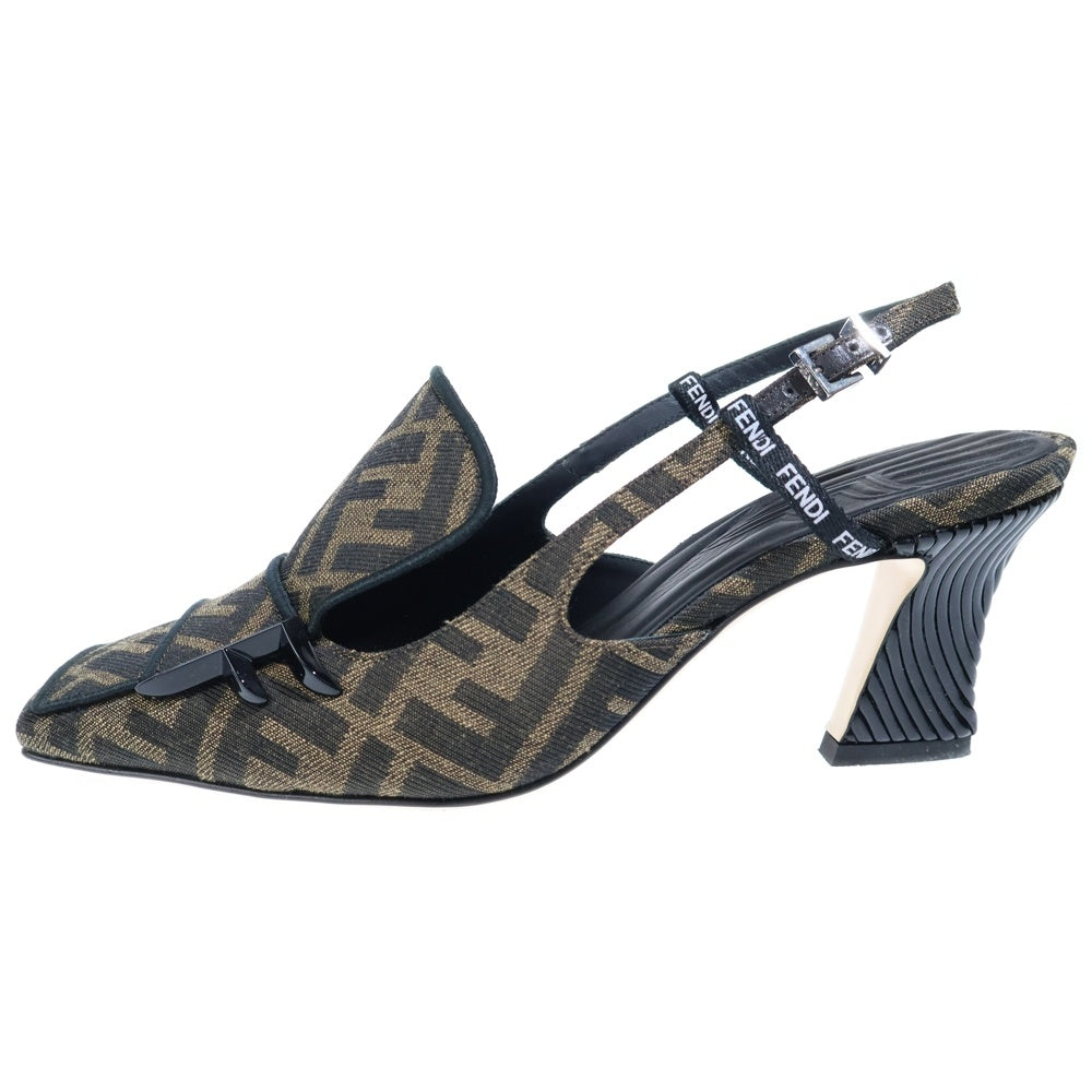 FENDI(フェンディ) スクエアトゥ ズッカ総柄 レザー ヒールパンプス ブラウン レディース