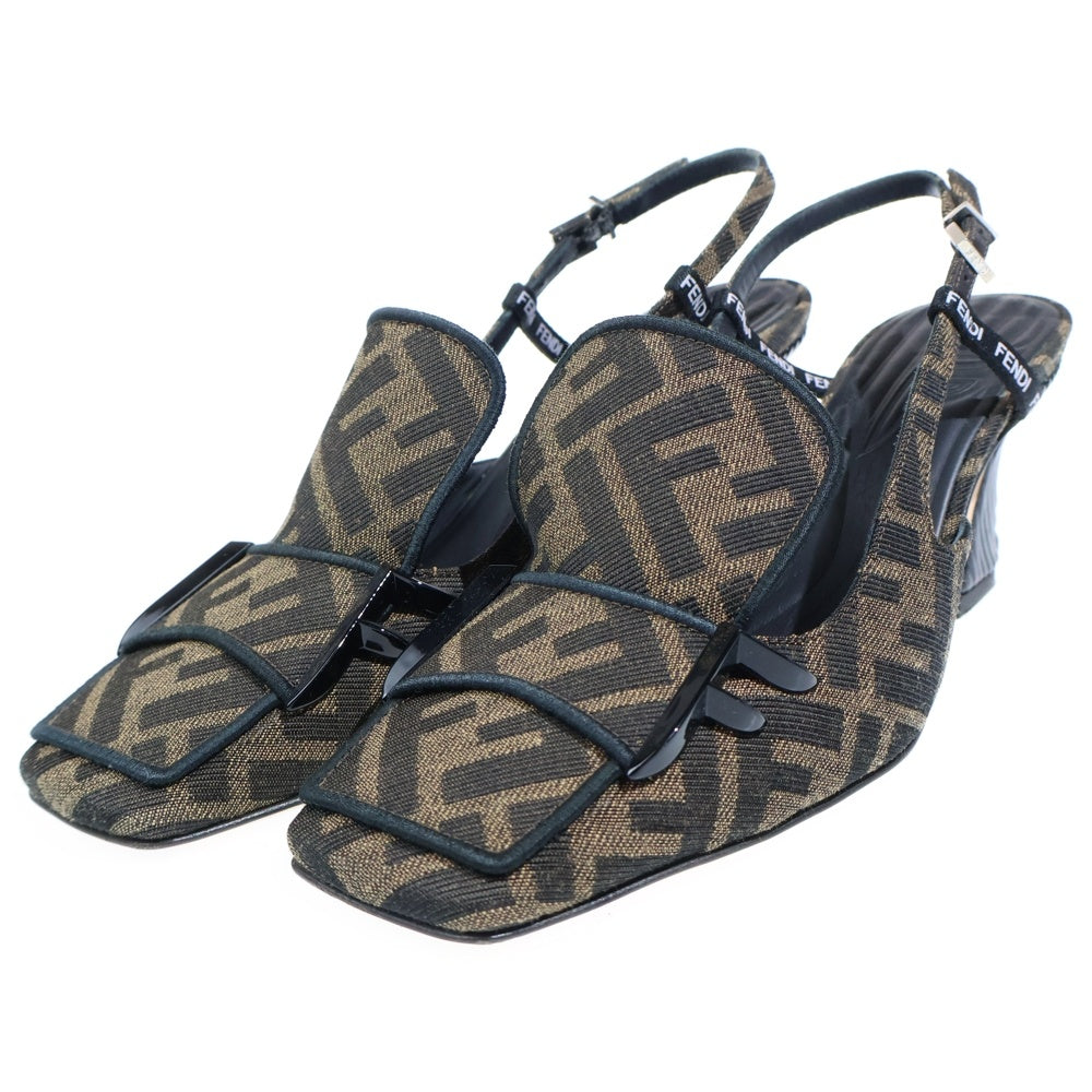 FENDI(フェンディ) スクエアトゥ ズッカ総柄 レザー ヒールパンプス ブラウン レディース
