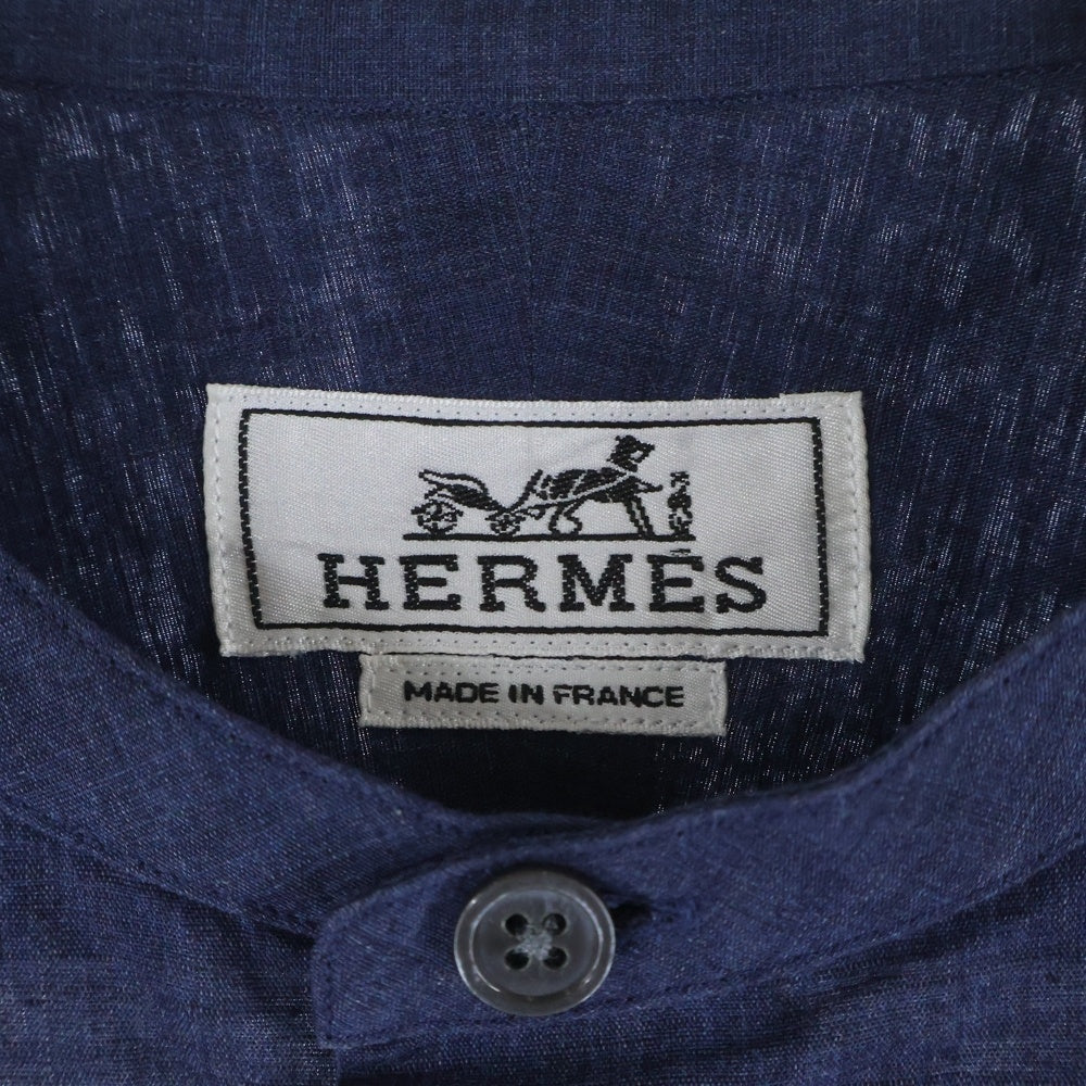 HERMES(エルメス) リネン バンドカラー 長袖シャツ ネイビー
