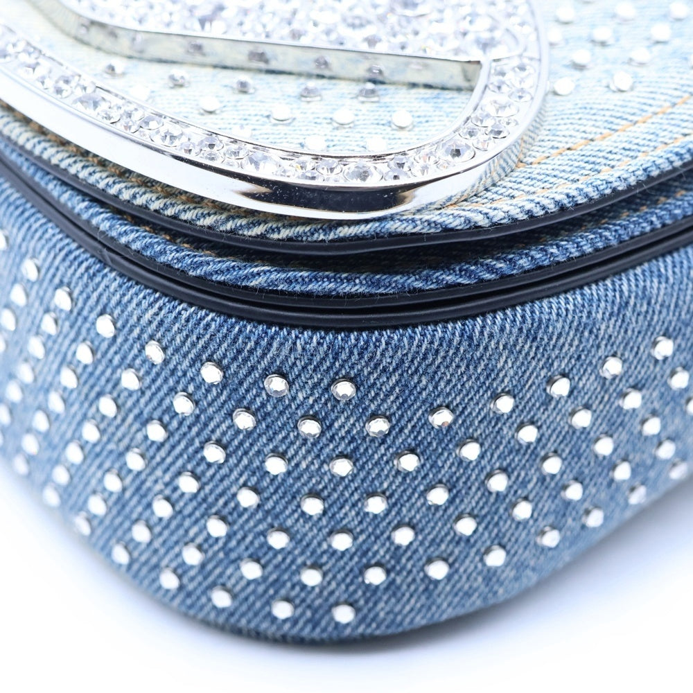 DIESEL(ディーゼル) 1DR ワンダー ラインストーン メタルロゴプレート デニム/レザー ショルダーバッグ インディゴ レディース