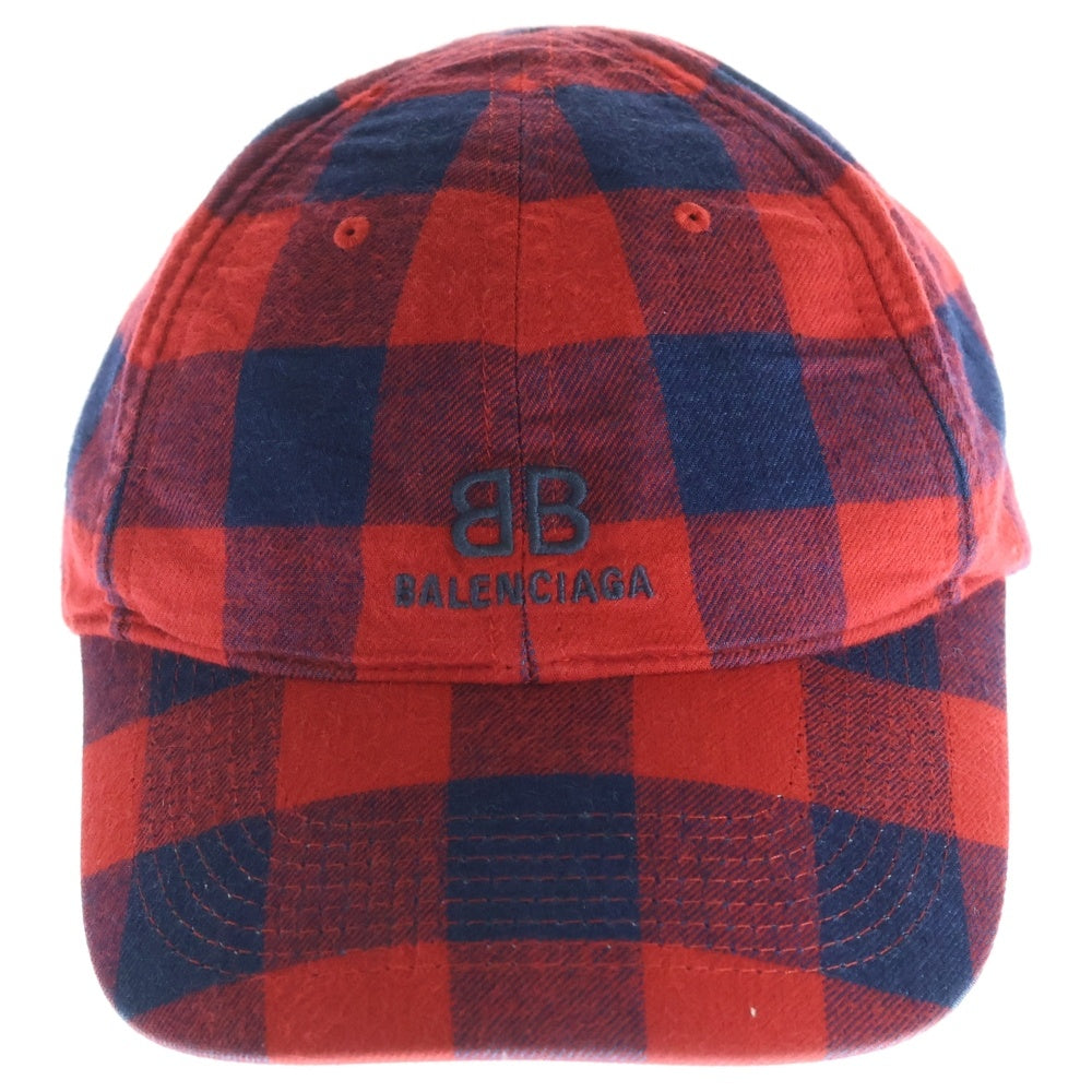 BALENCIAGA(バレンシアガ) BBロゴ刺繍 チェック柄 コットン キャップ 帽子 レッド 658161