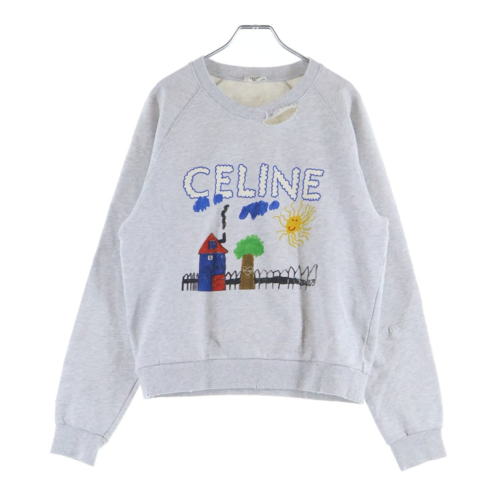 CELINE(セリーヌ) 25AW フロントプリント ダメージ加工 クルーネック スウェット トレーナー レディース グレー RY0GW670Q.GCA7
