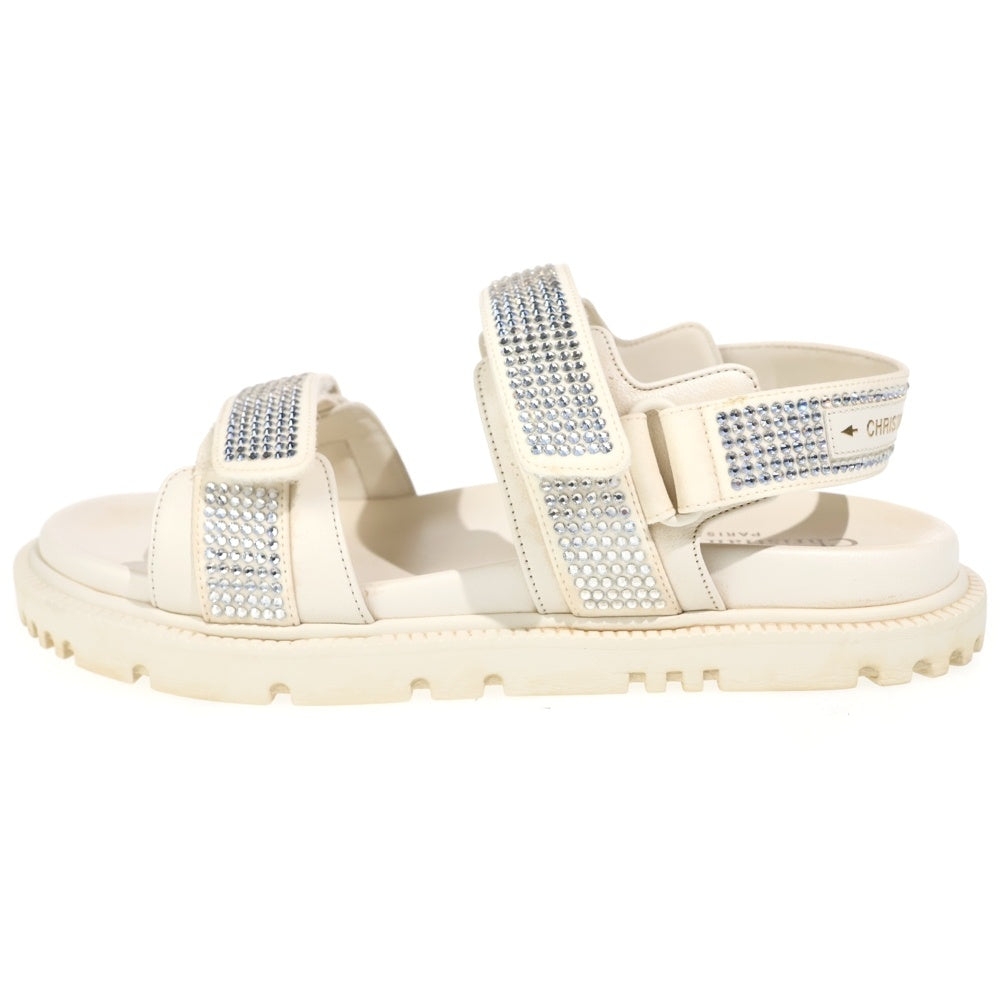 Christian Dior(クリスチャンディオール) ラインストーン ベルクロストラップ レザー フラットサンダル レディース クリーム