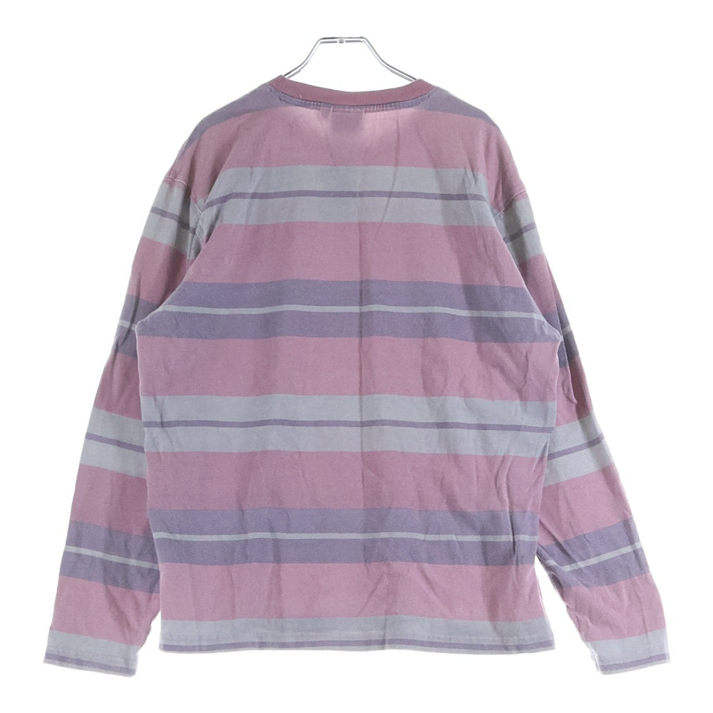 STUSSY(ステューシー) Faded Striped Crew ロゴ刺繍 フェイド ストライプ クルーネック 長袖Tシャツ カットソー ピンク/グレー 1140269