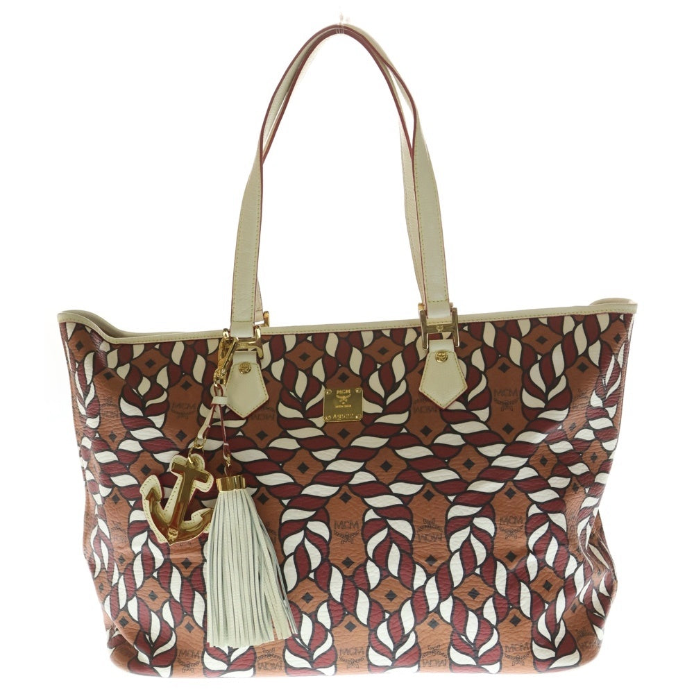 MCM(エム シー エム) リミテッドエディション チャーム付き ハンド トートバッグ ブラウン/ホワイト