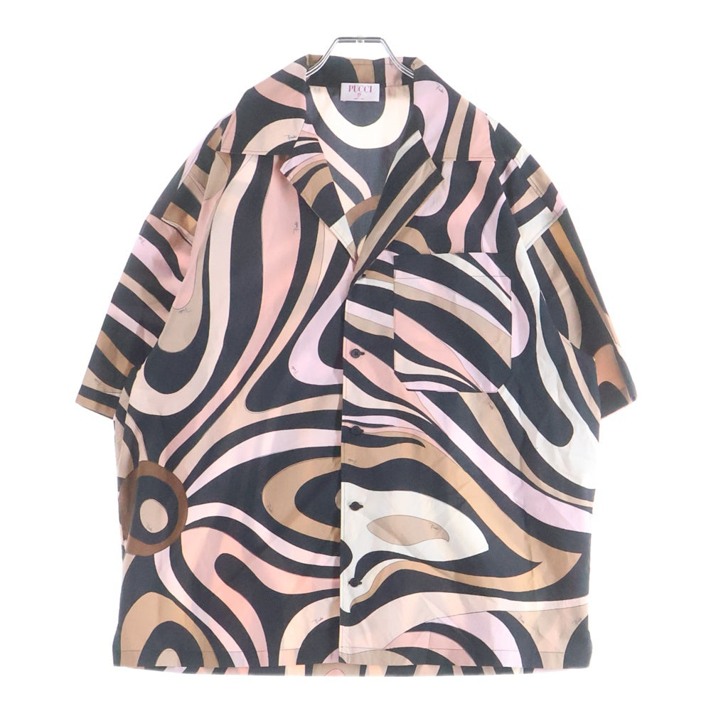 EMILIO PUCCI(エミリオプッチ) Marmo Print Bowling Shirt プリント総柄 オープンカラー 半袖シャツ ピンク/ブラック 5HRJ91 5H760 レディース