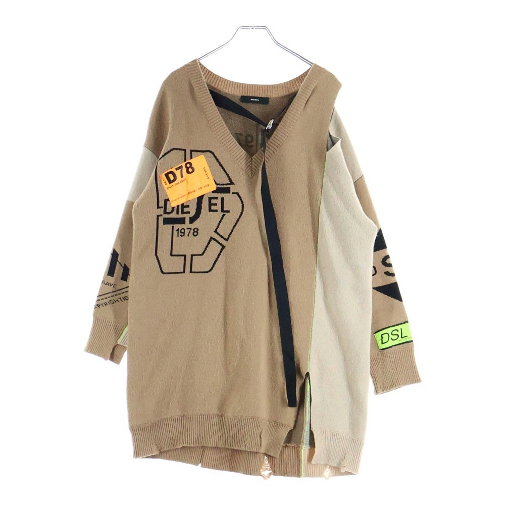 DIESEL(ディーゼル) M-ANNE MAGLIA 総柄プリント サイドスリット Vネック ロングニットカーディガン ブラウン レディース A01249-M-ANNE-0LAZG