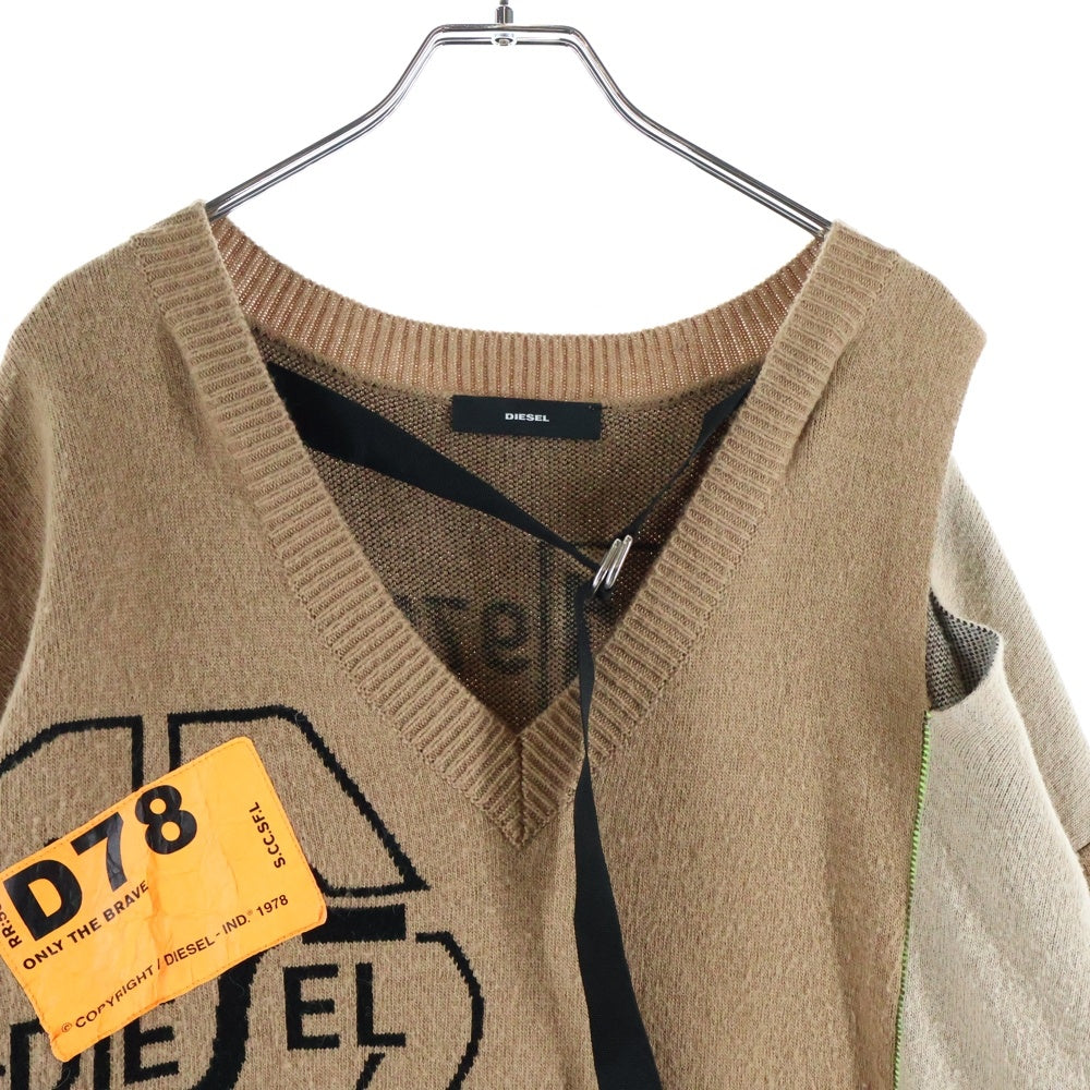 DIESEL(ディーゼル) M-ANNE MAGLIA 総柄プリント サイドスリット Vネック ロングニットカーディガン ブラウン レディース A01249-M-ANNE-0LAZG