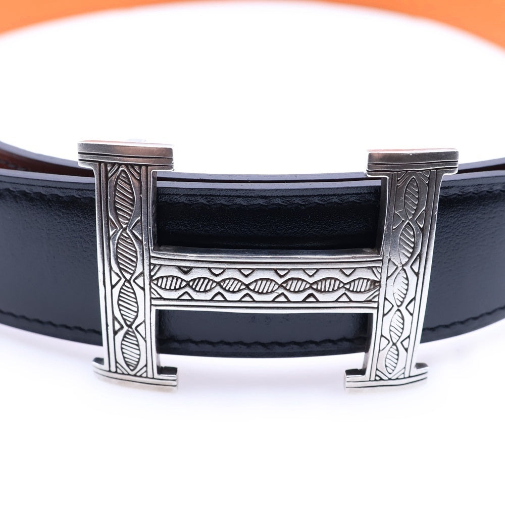 HERMES(エルメス) トゥアレグ Hバックル シルバー金具 A刻印 リバーシブル レザー ベルト ブラック/オレンジ