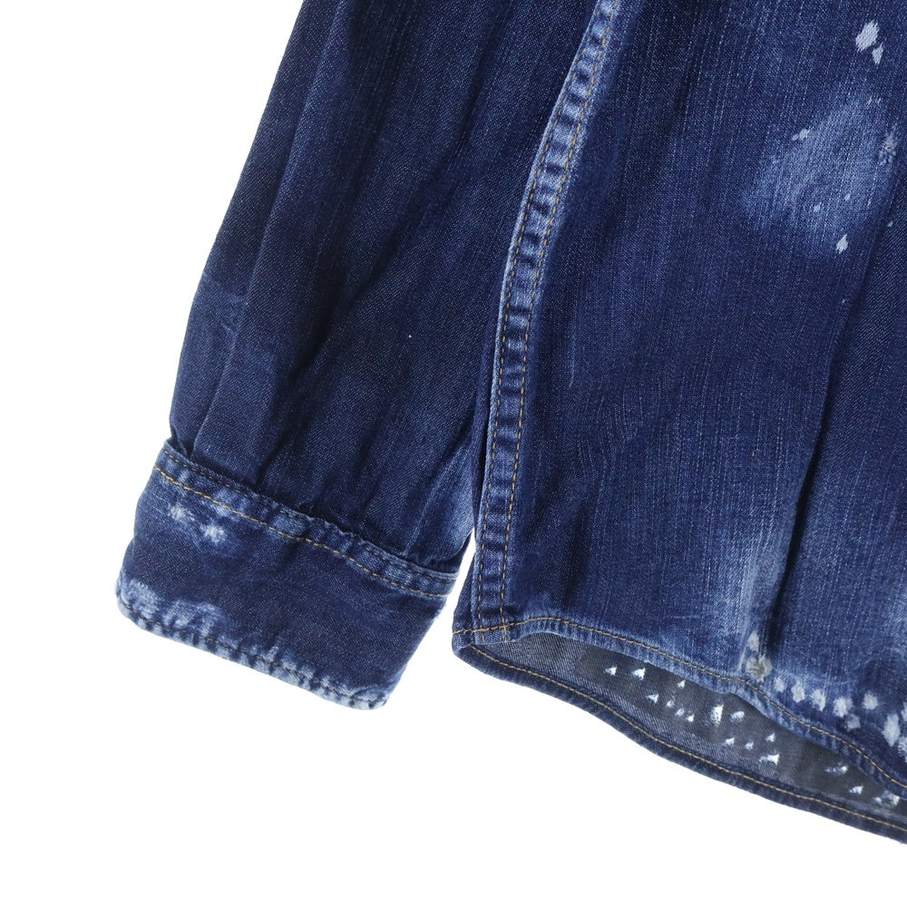 DSQUARED2(ディースクエアード) ICON ロゴプリント ダメージ加工 デニム 長袖シャツ インディゴ S74DM0273 S30341
