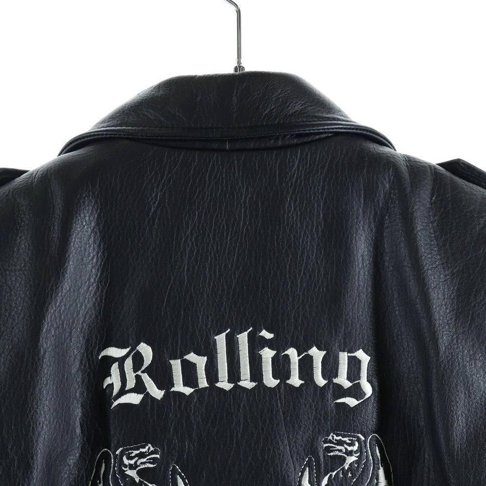 NO BRAND(ノーブランド) FMC ROLLING STONES ローリングストーンズ 刺繍 ワッペン レザー ダブルライダースジャケット ブラック