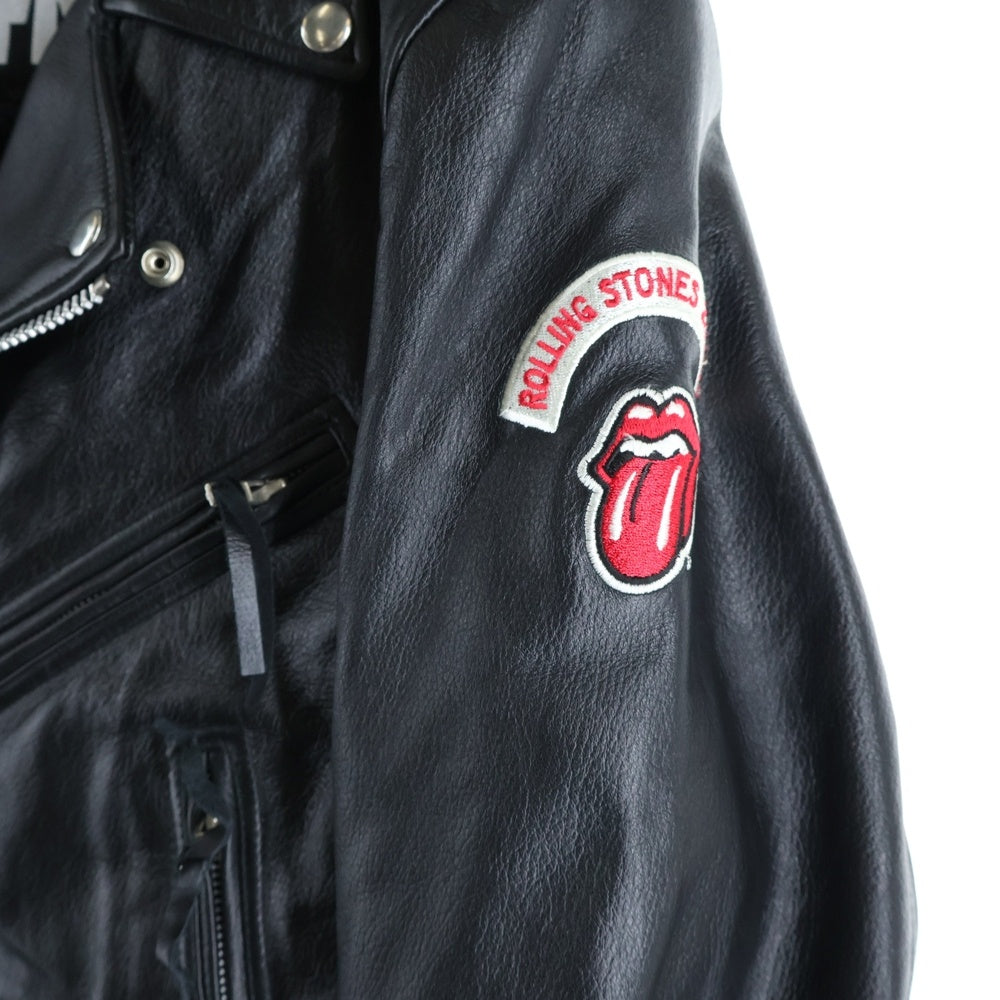 NO BRAND(ノーブランド) FMC ROLLING STONES ローリングストーンズ 刺繍 ワッペン レザー ダブルライダースジャケット ブラック