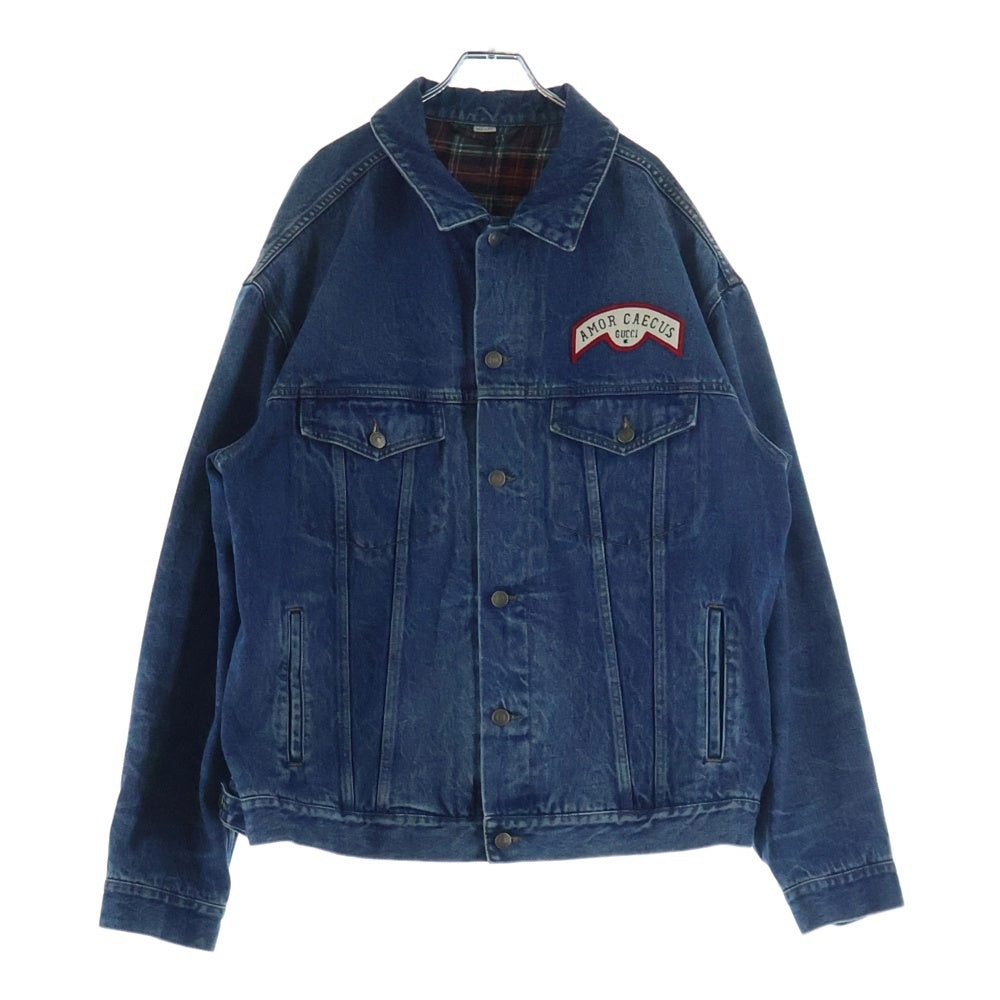 GUCCI(グッチ) GGロゴ ワッペン付き チェック柄ライナー オーバーサイズ デニムジャケット インディゴ 475024-XDAAT