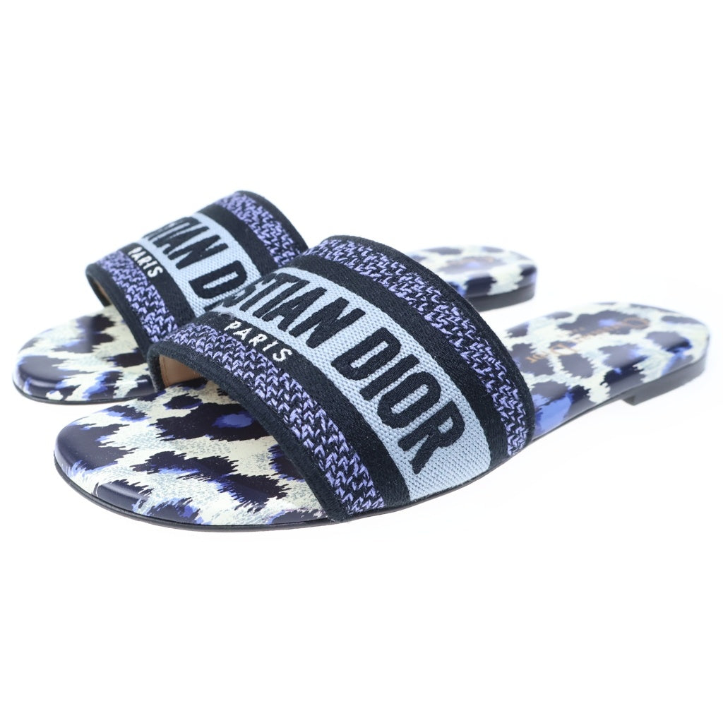 Christian Dior(クリスチャンディオール) Dway レオパード レザー フラット サンダル ミュール ネイビー レディース
