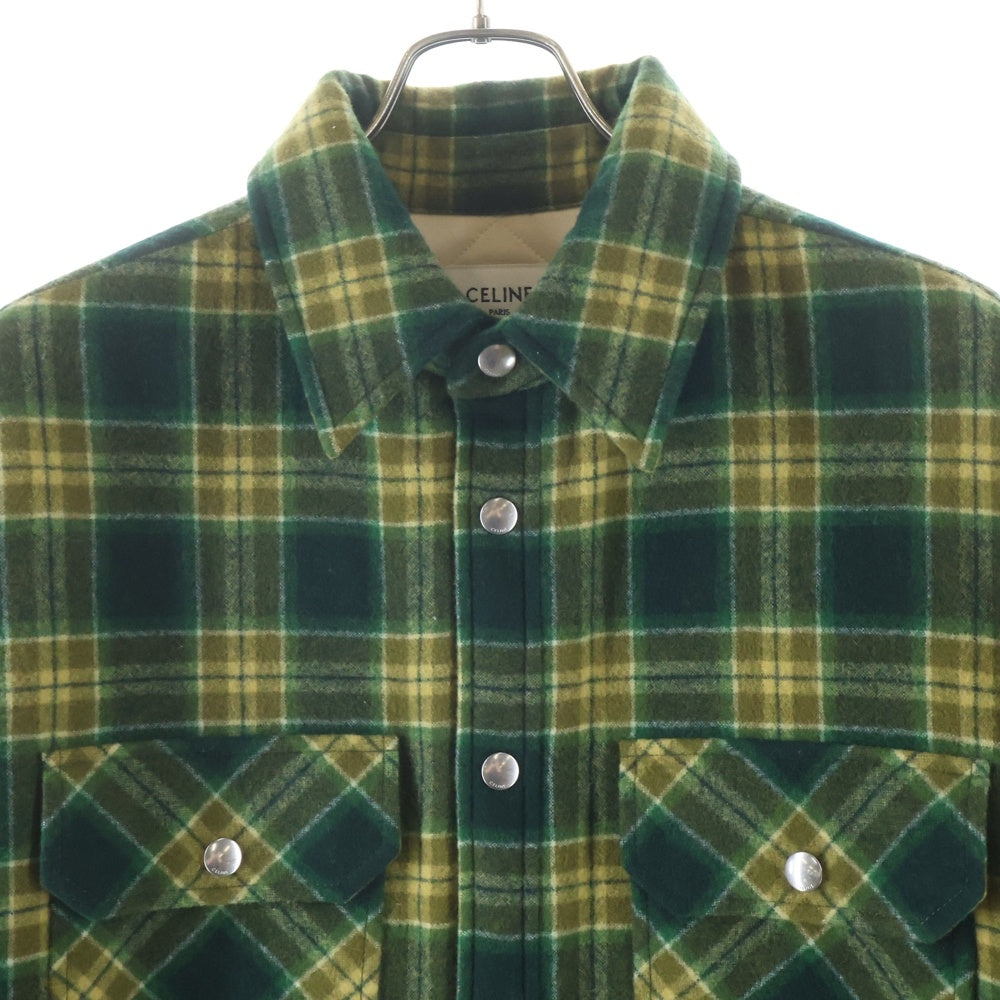CELINE(セリーヌ) 22AW Overshirt in Checked Wool チェック柄 裏地キルティング ウールオーバーシャツジャケット グリーン調 2W705499R