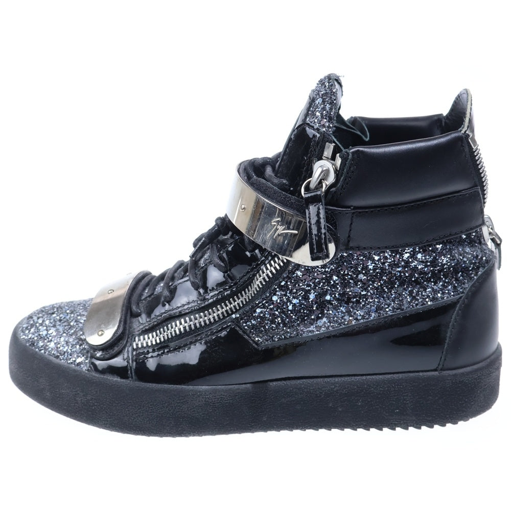GIUSEPPE ZANOTTI(ジュゼッペ ザノッティ) ベルクロプレート ラメ レザー ハイカットスニーカー ブラック/シルバー