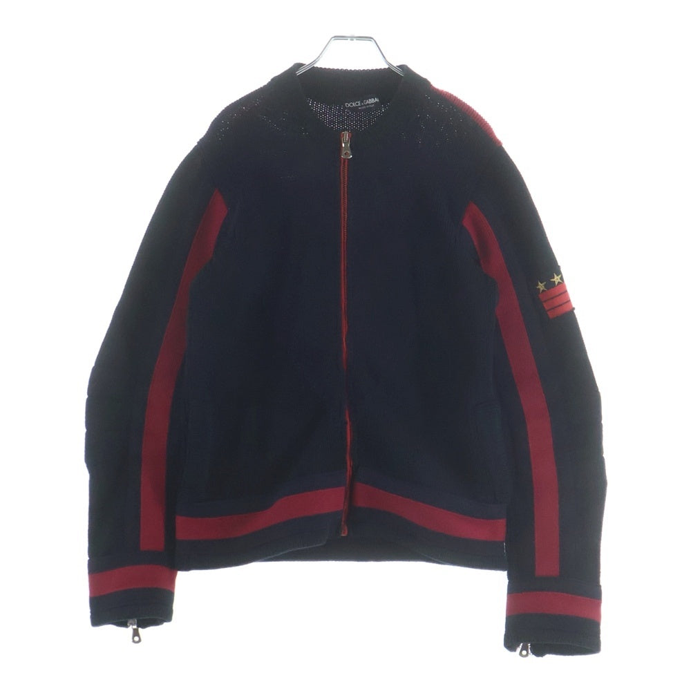 DOLCE & GABBANA(ドルチェアンドガッバーナ) スターワッペン付き ヘビーオンス ニット ジップアップジャケット ブルゾン ネイビー/レッド