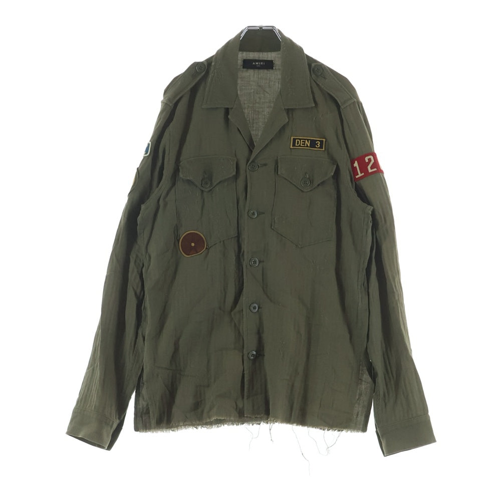 AMIRI(アミリ) カシミヤ混 カットオフ パッチ オープンカラー ミリタリー 長袖シャツ カーキ
