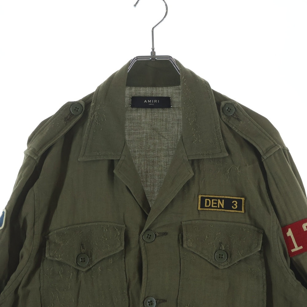AMIRI(アミリ) カシミヤ混 カットオフ パッチ オープンカラー ミリタリー 長袖シャツ カーキ
