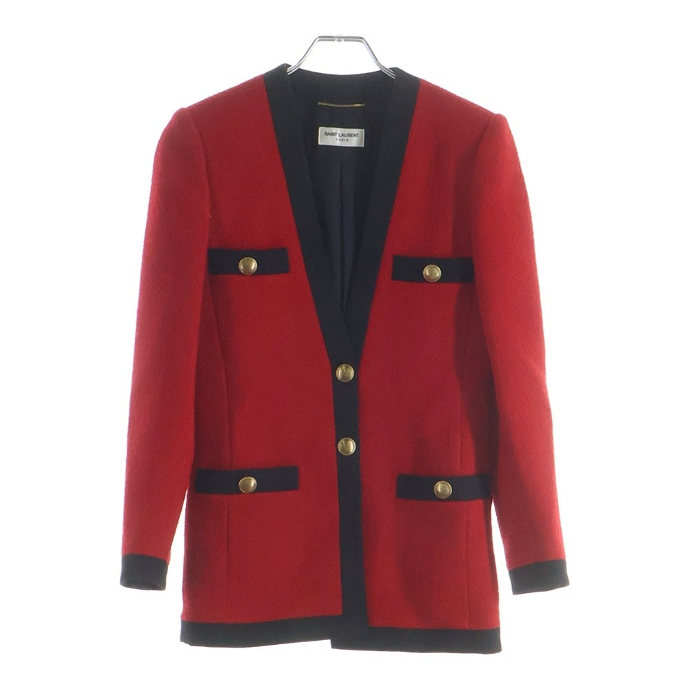 SAINT LAURENT PARIS(サンローランパリ) ツイード ノーカラージャケット レディース レッド/ブラック 672980 Y3C73