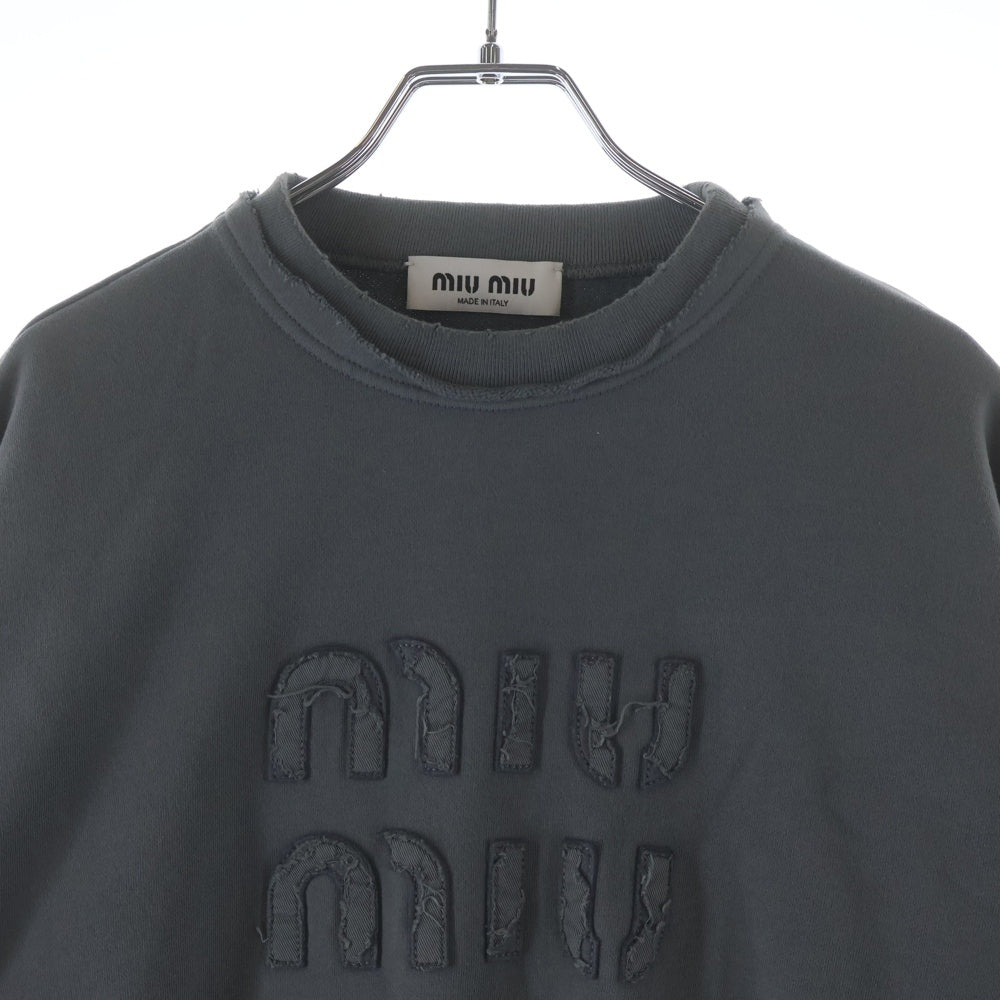 miumiu(ミュウミュウ) 23SS カットオフ ダメージ加工 後染め ロゴ ショート丈 スウェット トレーナー グレー レディース MJL911