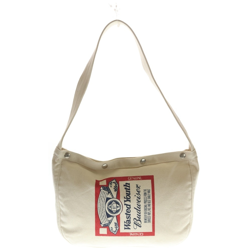 WASTED YOUTH(ウェイステッドユース) ×BUDWEISER PAPERBOY BAG バドワイザー プリントロゴ キャンパス ニュースペーパーバッグ ベージュ レディース