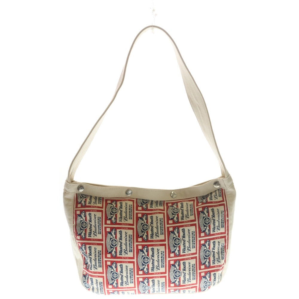 WASTED YOUTH(ウェイステッドユース) ×BUDWEISER PAPERBOY BAG バドワイザー プリントロゴ キャンパス ニュースペーパーバッグ ベージュ レディース