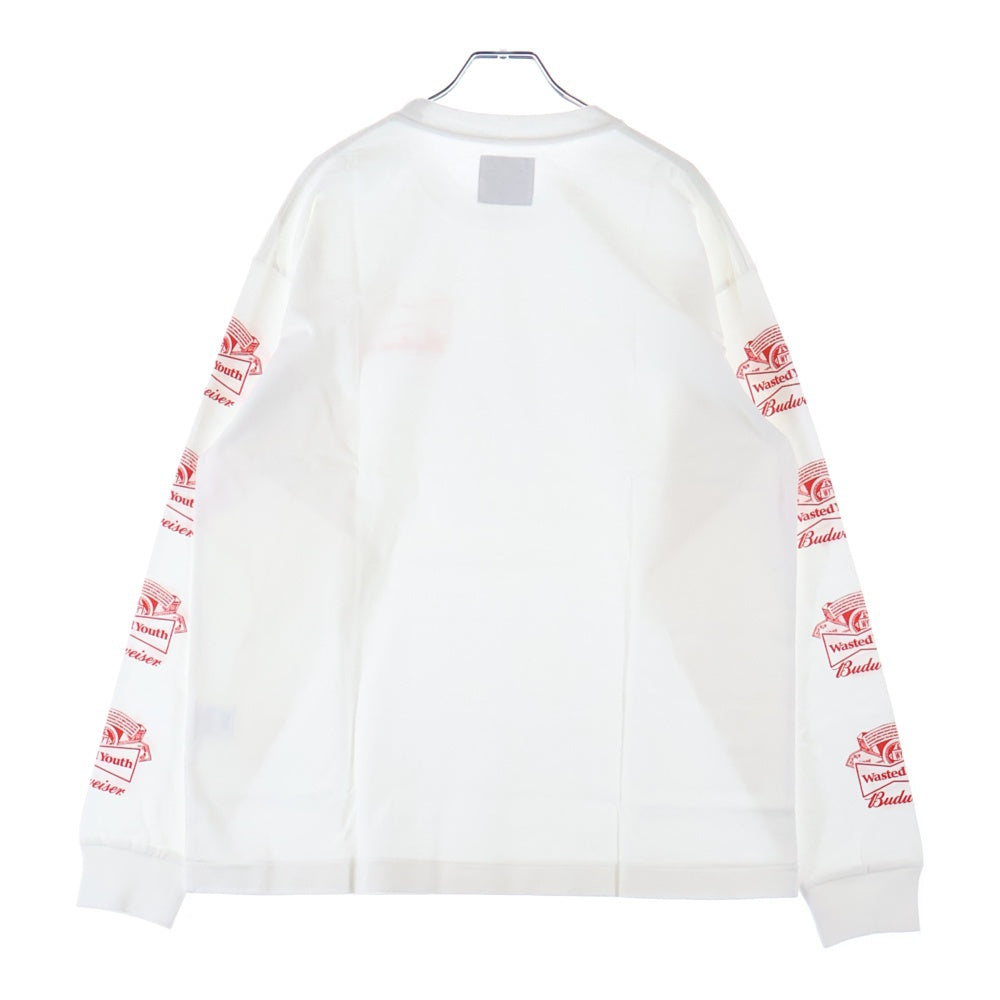 WASTED YOUTH(ウェイステッドユース) ×BUDWEISER Long Sleeve T-shirt#1 バドワイザー 袖プリントロゴ 長袖Tシャツ カットソー ホワイト WY26CS001